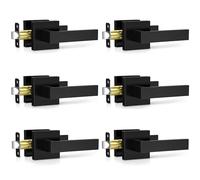 Plustool 6 Pack Matte Black Door Handles Interior, Passage Door Knobs Closet Door Levers for Hallway, Heavy Duty Square Doorknob Non-Locking Handlesets for Left & Right Sided Doors