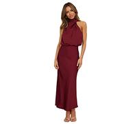 Plustrong Womens Formal Summer Satin Dress Cocktail Party Maxi Dress Mock Neck Sleeveless Wedding Guest Dresses, Wine Red, M