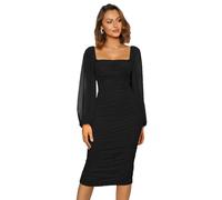 Plustrong Women's Mesh Long Sleeve Square Neck Bodycon Midi Dress Ruched Cocktail Party Formal Fall Wedding Guest Dresses, Black, S