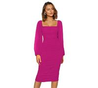 Plustrong Women's Mesh Long Sleeve Square Neck Ruched Bodycon Midi Dress Cocktail Party Wedding Guest Dresses, Rose Pink, XL