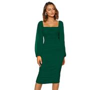 Plustrong Women's Mesh Long Sleeve Square Neck Ruched Bodycon Midi Dress Cocktail Party Wedding Guest Dresses, Green, XL