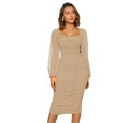 Plustrong Women's Mesh Long Sleeve Square Neck Ruched Bodycon Midi Dress Cocktail Party Wedding Guest Dresses, Apricot, M