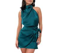 Plustrong Women's Mock Neck Satin Mini Dress Sleeveless Bodycon Short Cocktail Homecoming Wedding Guest Dresses, Lake Blue, XL