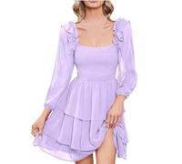 Plustrong Women's Summer Ruffle Boho Long Sleeve Square Neck Smocked Tiered Chiffon Mini Dresses, Purple, L