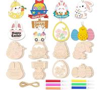 Plusupon 30 Pcs Wood Easter Tags, Unfinished Wooden Easter Ornaments, DIY Easter Unfinished Wood Cutouts Crafts Bunny Eggs Chick with Strings, Easter Decoration for Kids Easter Party