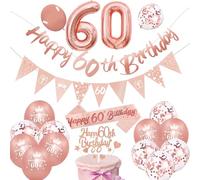 Plusupon 60th Birthday Decorations, Rose Gold Happy 60th Birthday Banner Confetti Latex Balloons Cake Topper Bunting Flag Sash Number Balloons, Party Decorations Birthday Party Decor