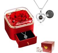 Plusupon Red Preserved Real Rose for Her Women,Wife, Mum, Handmade Eternal Rose Gift Box with I Love You Necklace in 100 Languages, Christmas Anniversary Birthday Valentine's Day