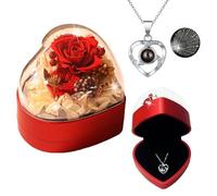 Plusupon Red Preserved Real Rose for Her Women,Wife, Mum, Handmade Eternal Rose Gift Box with I Love You Necklace in 100 Languages, Christmas Anniversary Birthday Valentine's Day