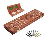 Plusvivo Solid Oak Wood Cribbage Board Set - 3 Tracks, 9 Metal Pegs & 2 Storage Areas - 15.5 X 4.9 X 1.2 in Travel Portable Game Set for Family
