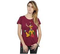 Pluto Christmas Reindeer Cotton T-Shirt Disney Burgundy M