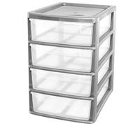 Pluto Packaging 1 X Silver A4 Table & Desktop Compact Bedside Plastic Storage Unit With 4 Clear Drawer