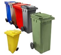 Pluto Packaging 140 Litre Coloured Wheelie Bins Compact Sized | Red Blue Green Grey Brown & Yellow For Home Office Strong Disposal Bins With Rubber Wheels & Lids