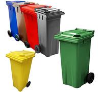 Pluto Packaging 140 Litre Coloured Wheelie Bins Compact Sized | Red Blue Green Grey Brown & Yellow For Home Office Strong Disposal Bins With Rubber Wheels & Lids