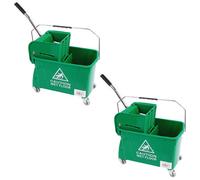 Pluto Packaging 2 X Green 20L Strong Durable Floor Cleaning Commercial Kentucky Dual-Buckets & Wringer System With Wheels & Handle