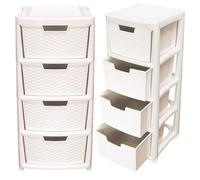 Pluto Packaging 2 X Large Cream Spacious Rattan 4 Drawer Stylish Plastic Modular Storage Tower Units For Home & Offices