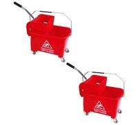 Pluto Packaging 2 X Red 20L Strong Durable Floor Cleaning Commercial Kentucky Dual-Buckets & Wringer System With Wheels & Handle