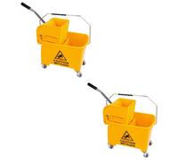 Pluto Packaging 2 X Yellow 20L Strong Durable Floor Cleaning Commercial Kentucky Dual-Buckets & Wringer System With Wheels & Handle
