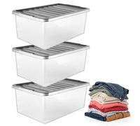Pluto Packaging 3 Pack 32L Strong Stackable Durable Underbed Storage Boxes