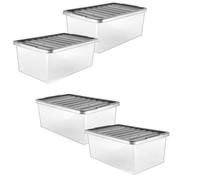 Pluto Packaging 4 Pack 32 Litre Strong Stackable Durable Underbed Storage Boxes Complete With Silver Lids