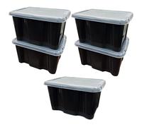 Pluto Packaging 5 x Strong Black 24 Litre Plastic Storage Boxes With Clear See Through Lids Ideal For Home & Office