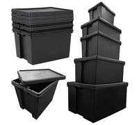 Pluto Packaging 6 X 96L Extra Large Super Strong Black Impact Resistant Heavy Duty Plastic Storage Containers With Lid