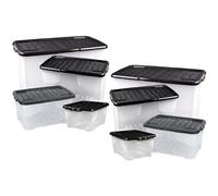 Pluto Packaging Clear Transparent Base Stackable Nestable Home Office Schools Curve Plastic Storage Containers With Black Lids (10, 24 Litre)