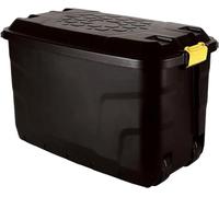 Pluto Packaging Heavy Duty Large Indoor Outdoor Black Storage Trunks With Wheels & Yellow Handles Large Container Boxes (60 Litre (No Wheels), 2 Storage Boxes)
