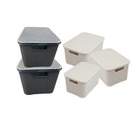 Pluto Packaging Home Office Storage Containers Rattan Wicker Effect Cream & Grey Bathroom Ktchen Living Room Boxes With Lids (4 Baskets, Cream)