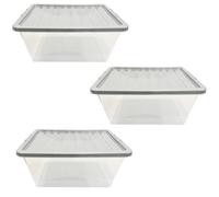 Pluto Packaging Pack Of 3 Deep 62L Clear Plastic Home Office Practical Storage Boxes With Silver Lids