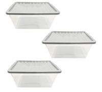 Pluto Packaging Pack Of 3 Deep 62L Clear Plastic Home Office Practical Storage Boxes With Silver Lids