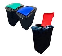 Pluto Packaging Set Of 3 (Blue, Green & Red) Large Black Base 40L Utility Recycling Interlocking Waste Bins