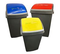 Pluto Packaging Set Of 3 (Yellow, Red & Blue) Large Grey 50L Commercial Waste Utility Recycling Bins With Colour Coded Swing Lids
