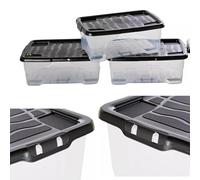 Pluto Packaging Set Of 4 Multipurpose Clear Underbed 30 Litre Curve Storage Containers With Black Lids