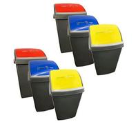Pluto Packaging Set Of 6 (2 X Yellow, 2 X Red & 2 X Blue) Large Grey 50L Commercial Waste Utility Recycling Bins With Colour Coded Swing Lids