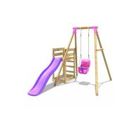 Rebo® Wooden Swing Set Plus Deck and Slide - Pluto Pink | OutdoorToys | Kids' Outdoor Wooden Play Equipment for Gardens, Frame and Accessories Included, Weather Resistant