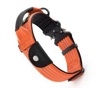 Plutus Pet Tactical Dog Collar with Pocket for AirTag, Orange, S | Reflective, Soft padded, Nylon material, Metal buckle, with Leather-wrapped handle, Adjustable, for Medium Large Dogs