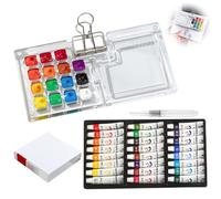Pluvyze Mini Watercolour Set 15 Grid Transparent Pocket Watercolour Set 24 Colours, Small Sketchbook, Pen, Clip, Environmentally Friendly and Durable, for Painters, Artists, Students, Beginners