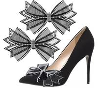 Pluzmecalm 2 Pcs Black Shoe Clips for Women Dress Shoes, Mesh Bow Rhinestone High Heel Shoe Clips Buckle Detachable Bow Heels Clothing Accessories for Women Girls Wedding Party Prom
