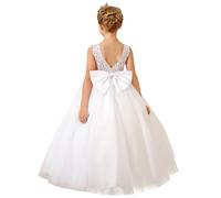 PLWEDDING Elegant Lace Embroidery Flower Girl Dress for Wedding Kids V Back Prom Dress with Bow, White, 8-9 Years