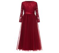 PLWEDDING Fancy Lace Flower Girl Dress for Wedding Girls A-line First Communion Dresses, burgundy, 8-9 Years