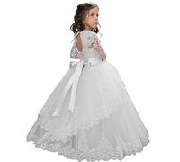 PLWEDDING Lace Long Sleeves Flower Girl Dress Princess Tulle Dress for Children First Communion Dresses, White, 10-11 Years