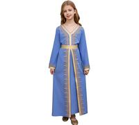 PLWEDDING Muslim Abaya for Girls Flared Sleeve Zipper Maxi Dress Islamic Prayer V Neck Embroidered Full Length Ramadan Eid Robe with Bet, French Blue, 11 Years