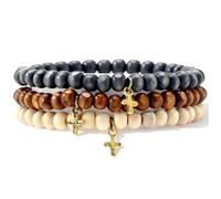 PLwelth 3Pcs Wooden Beaded Bracelets for Women Men Cute Cross Pendant Stackable Bracelet Trendy Handmade Beaded Stretch Bracelets Minimalist Multilayer Wooden Bracelet Christian Faith Jewelry Gifts