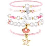 PLwelth 5Pcs Beach Bracelets Shell Bracelets for Women Gold Starfish Stackable Stretch Bracelet Boho Beaded Pearl Bracelet Statement Summer Beach Jewelry Accessories Gifts for Holiday Vacation Party
