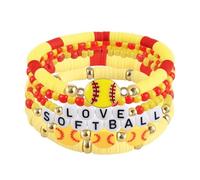 PLwelth 6Pcs Softball Bracelets for Women Sport Clay Beaded Charm Bracelets Stackable Beaded Bracelet Handmade Gold Bead Sports Ball Stretch Bracelet Team Game Day Accessories Birthday Christmas Gift