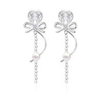 PLwelth Bow Earrings Pearl Drop Earrings for Women Cute Rhinestone Dangle Long Tassel Earrings Gifts for Her Christmas, Zinc, No Gemstone