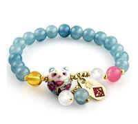 PLwelth Lucky Cat Bracelet Blue Crystal Beaded Bracelet Cute Ceramic Cat Pendant Stretch Bracelets Good Luck Feng Shui Bracelets for Women Men Spiritual Protection Jewelry Birthday Christmas Gifts