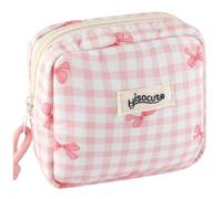 PLwelth Small Makeup Bag for Purse Mini Checkered Cosmetic Bag for Women Girls Cute Bow Cotton Makeup Pouch with Zipper Aesthetic Portable Travel Toiletry Bags for Sanitary Napkin Organizer Storage
