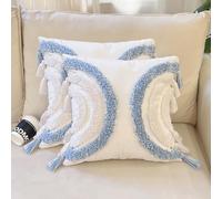 PLWORLD Blue White Half Moon 18 x 18 Inch Boho Tufted Throw Pillow Covers, Cozy Bohemian Semi Circle Square Decorative Cushion Covers with Tassels for Couch Sofa Bed Home Decor, 2 Packs No Insert