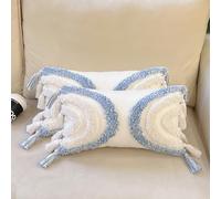 PLWORLD Blue White Half Moon Accent 12 x 20 Inch Boho Tufted Throw Pillow Covers, Cozy Bohemian Circle Lumbar Decorative Cushion Covers with Tassels for Couch Sofa Bed, 2 Packs No Insert